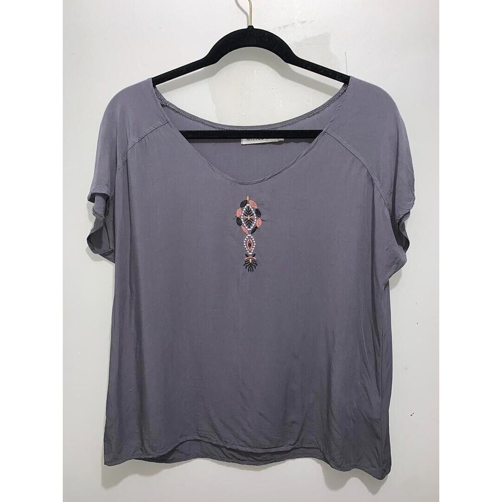 Misslook Womens Gray Short Sleeve Top With Embroidered Accent Size M